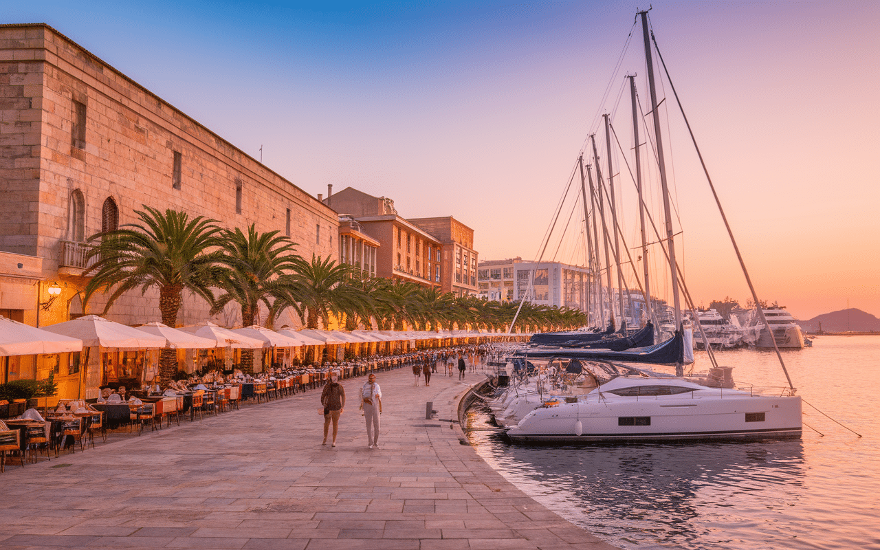 Promenade animée cafés yachts port hvar