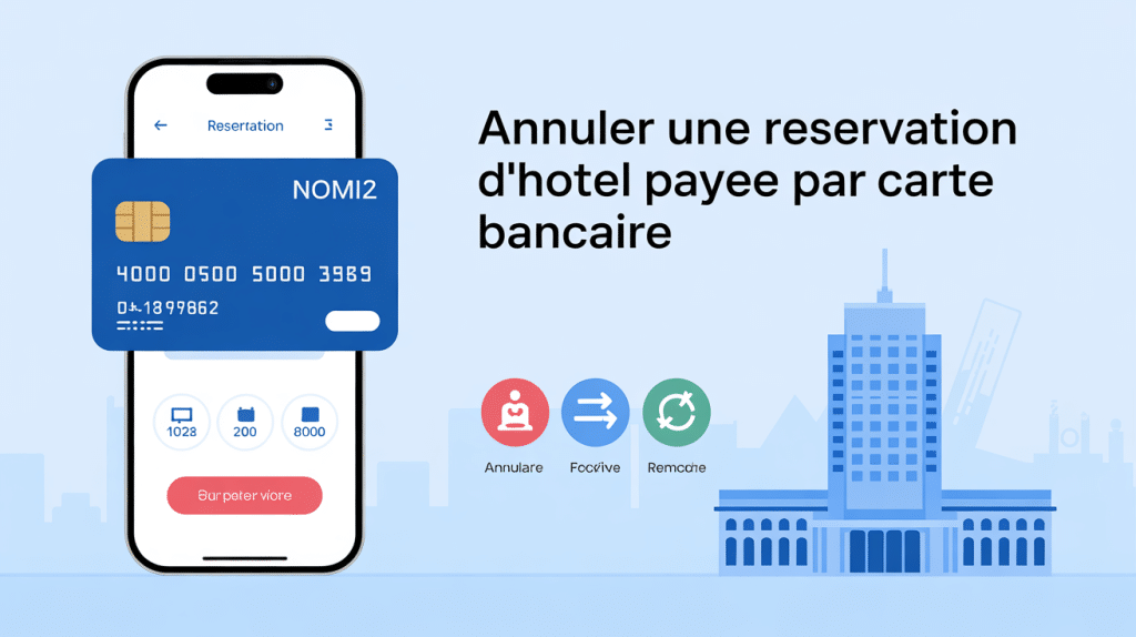 Illustration annulation réservation hôtel carte bancaire smartphone
