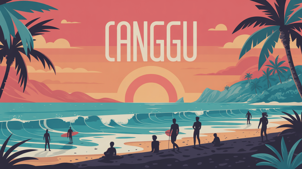 canggu plage sable noir surfeurs palmiers rizières