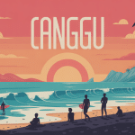 canggu plage sable noir surfeurs palmiers rizières