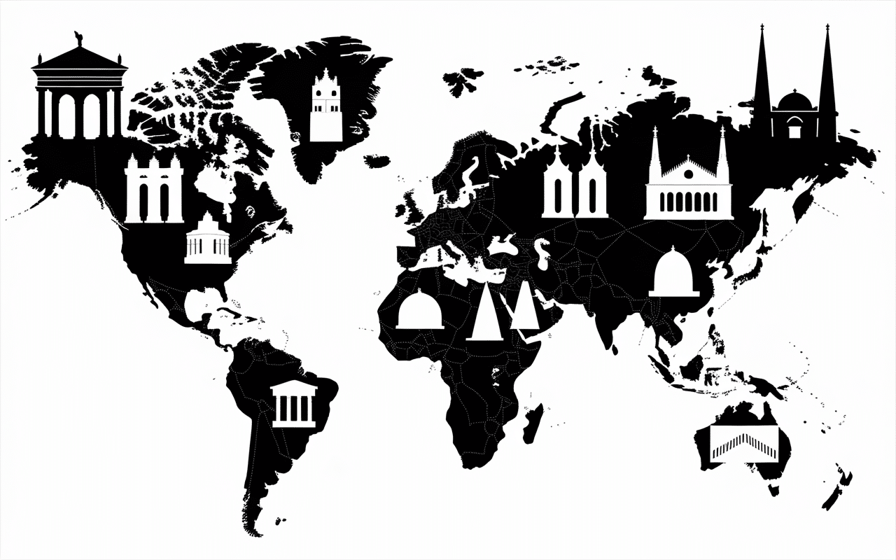 monuments en g carte monde stylisée