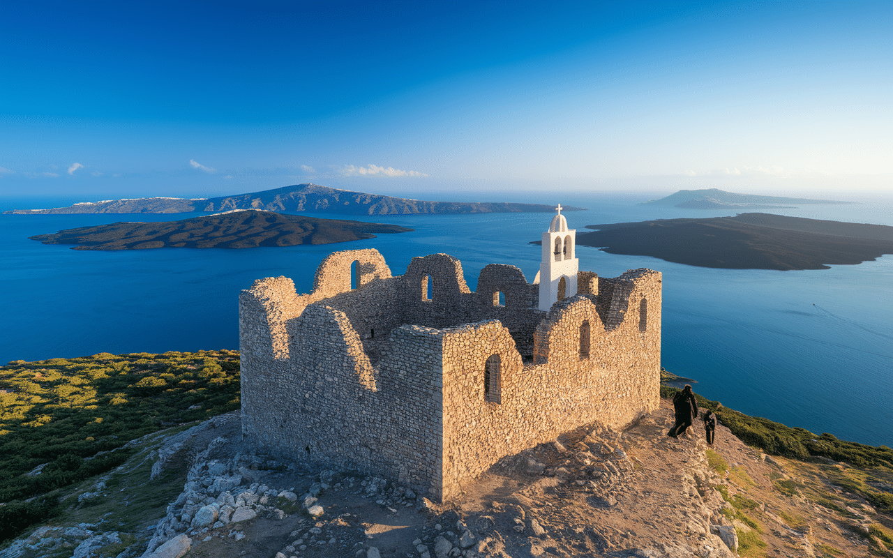 Vue sur château et église Santorini Pyrgos village