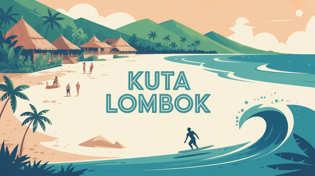Plage tropicale Kuta Lombok avec palmiers et surfeur