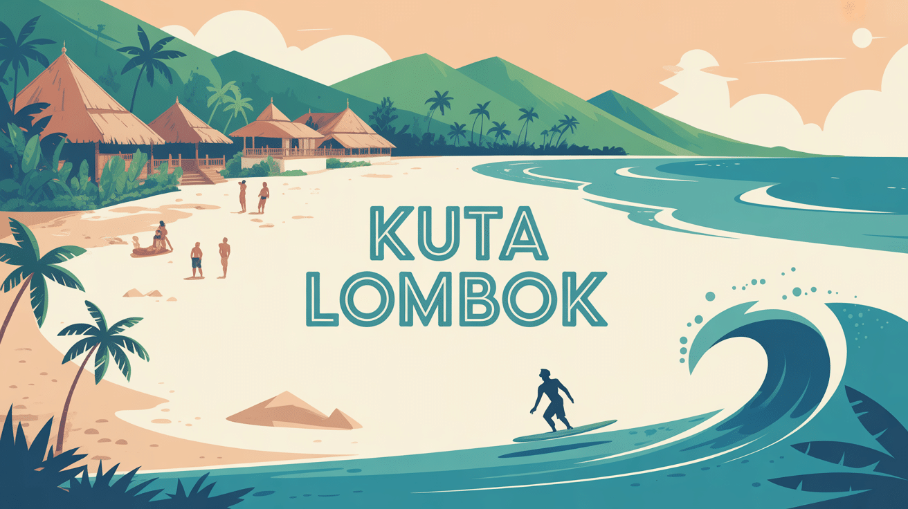 Plage tropicale Kuta Lombok avec palmiers et surfeur