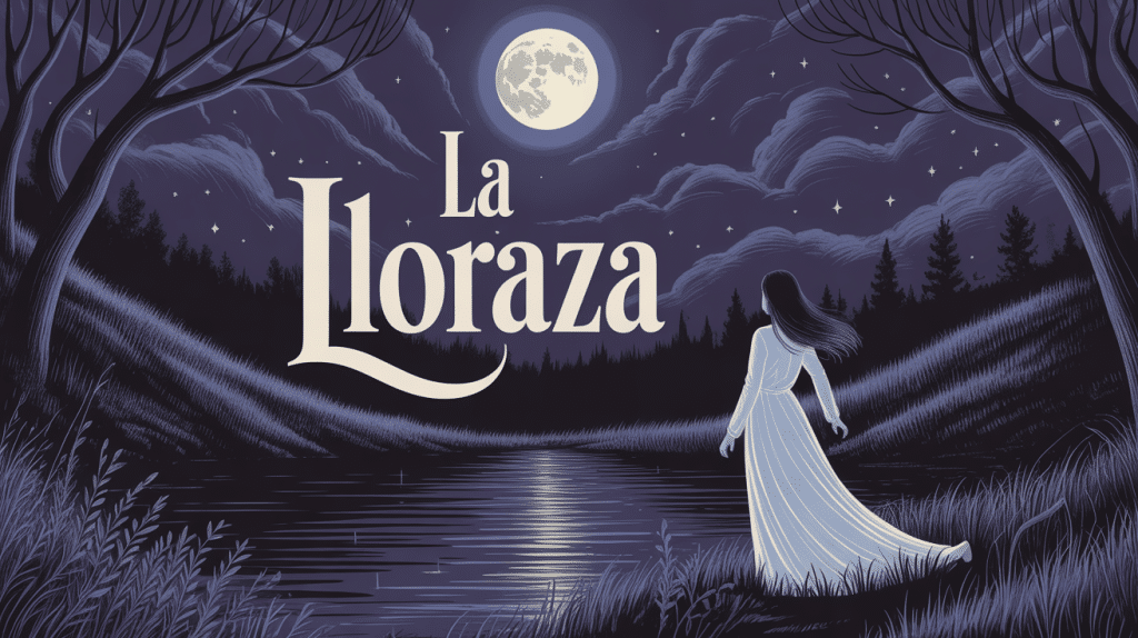 la lloraza silhouette robe blanche près d'une rivière pleine lune