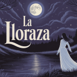 la lloraza silhouette robe blanche près d'une rivière pleine lune