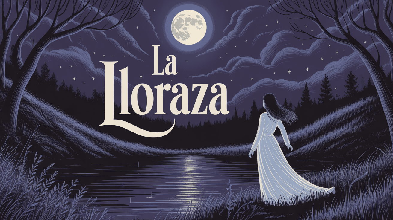 la lloraza silhouette robe blanche près d'une rivière pleine lune