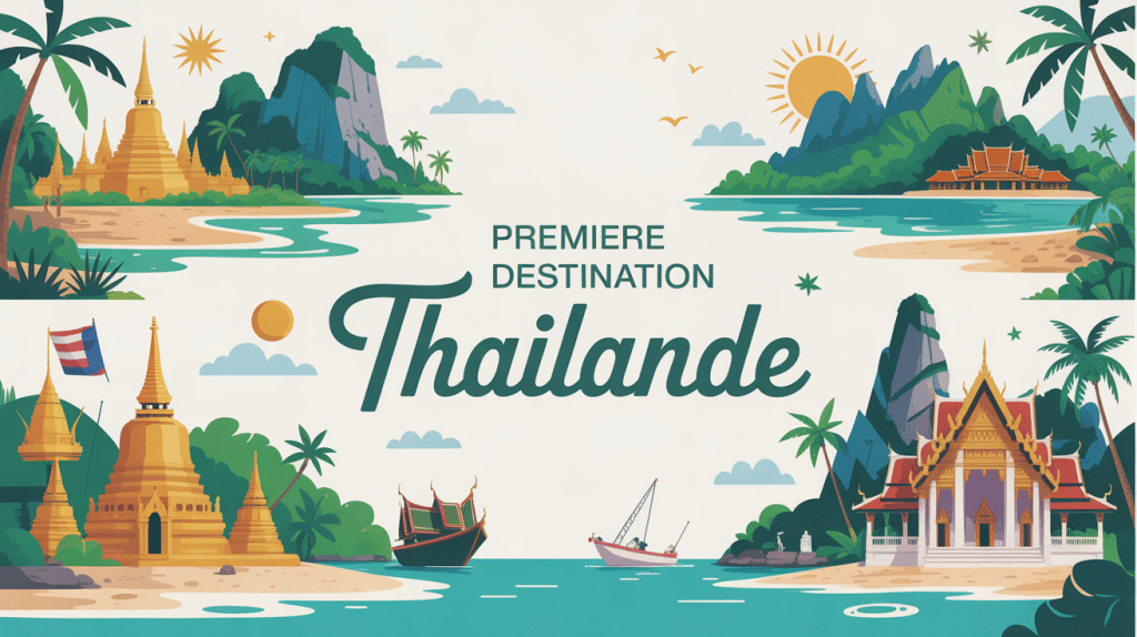 Où aller pour la première fois en Thaïlande illustration temples plages montagnes