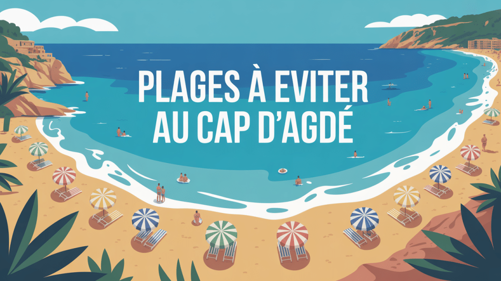 Vue panoramique plage à éviter au Cap d’Agde avec avertissement