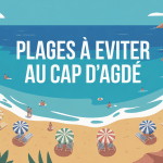 Vue panoramique plage à éviter au Cap d’Agde avec avertissement