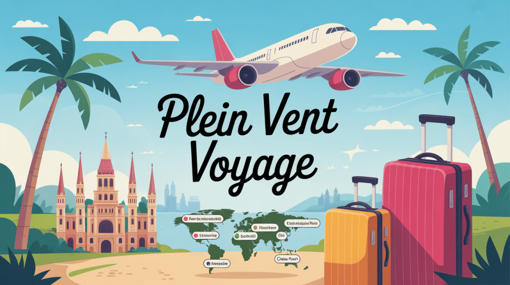Plein Vent Voyage illustration avec avion et destinations