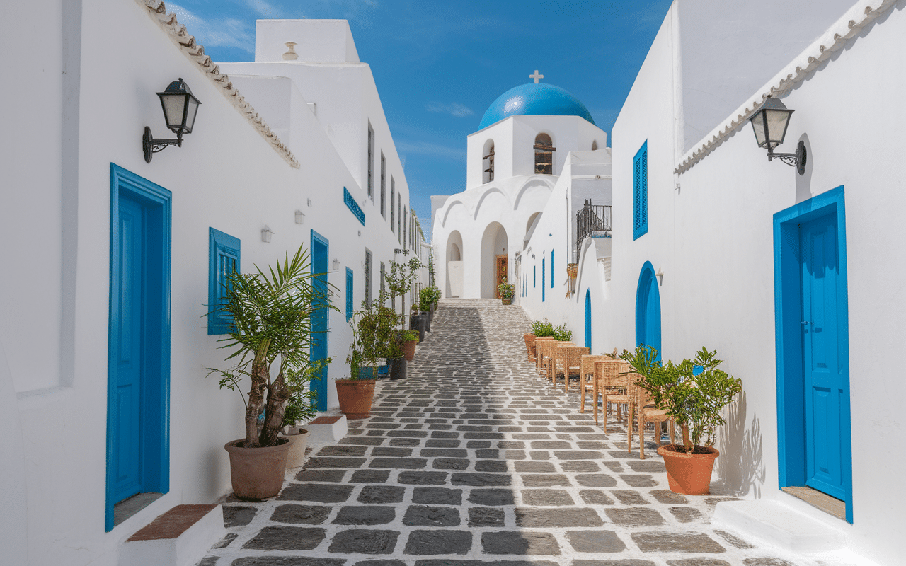 Rue pavée calme à Santorini Pyrgos village