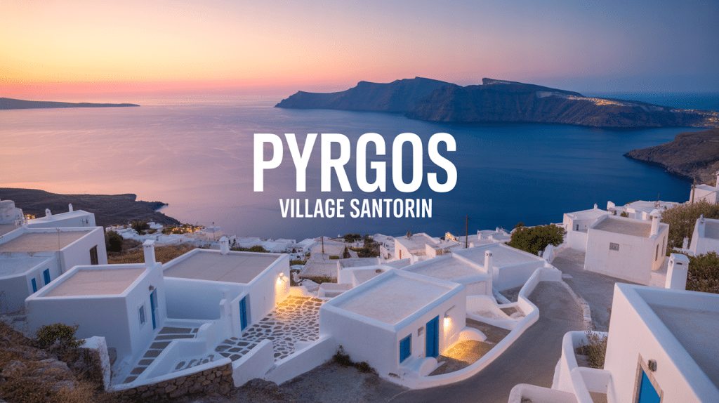 Vue aérienne Santorini Pyrgos village maisons blanches et mer