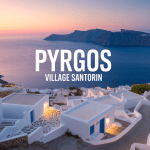 Vue aérienne Santorini Pyrgos village maisons blanches et mer