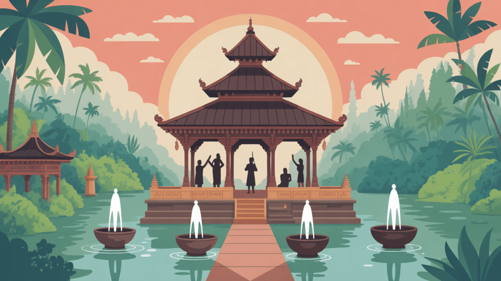 Temple Tirta Empul avec bassins sacrés et visiteurs à Bali