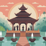 Temple Tirta Empul avec bassins sacrés et visiteurs à Bali