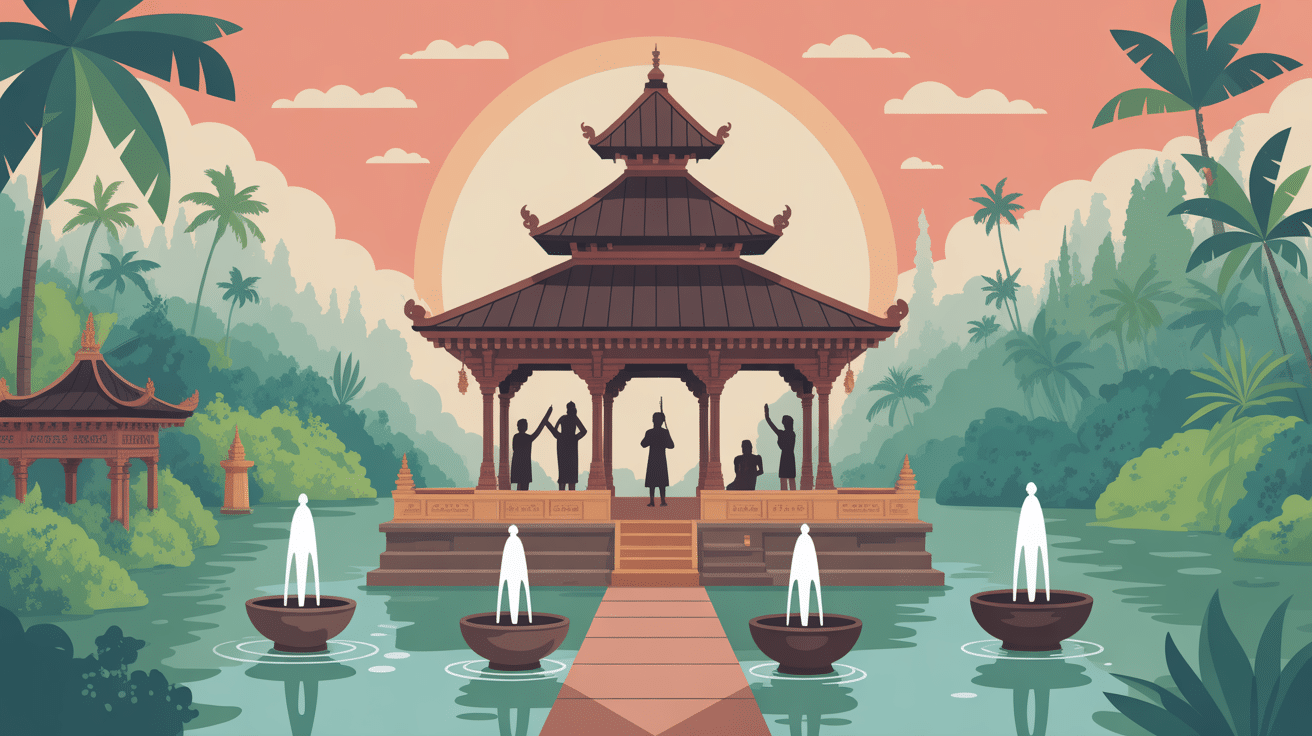 Temple Tirta Empul avec bassins sacrés et visiteurs à Bali