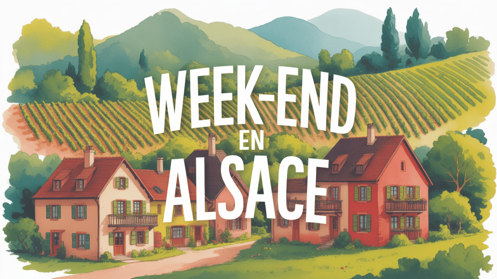 Vue stylisée village vignobles montagne week end Alsace