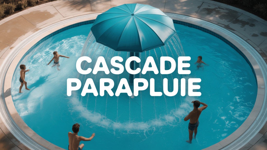 vue aérienne cascade parapluie piscine ambiance famille