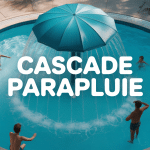 vue aérienne cascade parapluie piscine ambiance famille