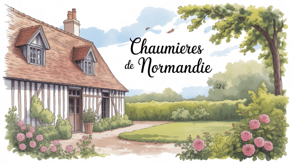 chaumiere normandie avec toit de chaume et jardin fleuri