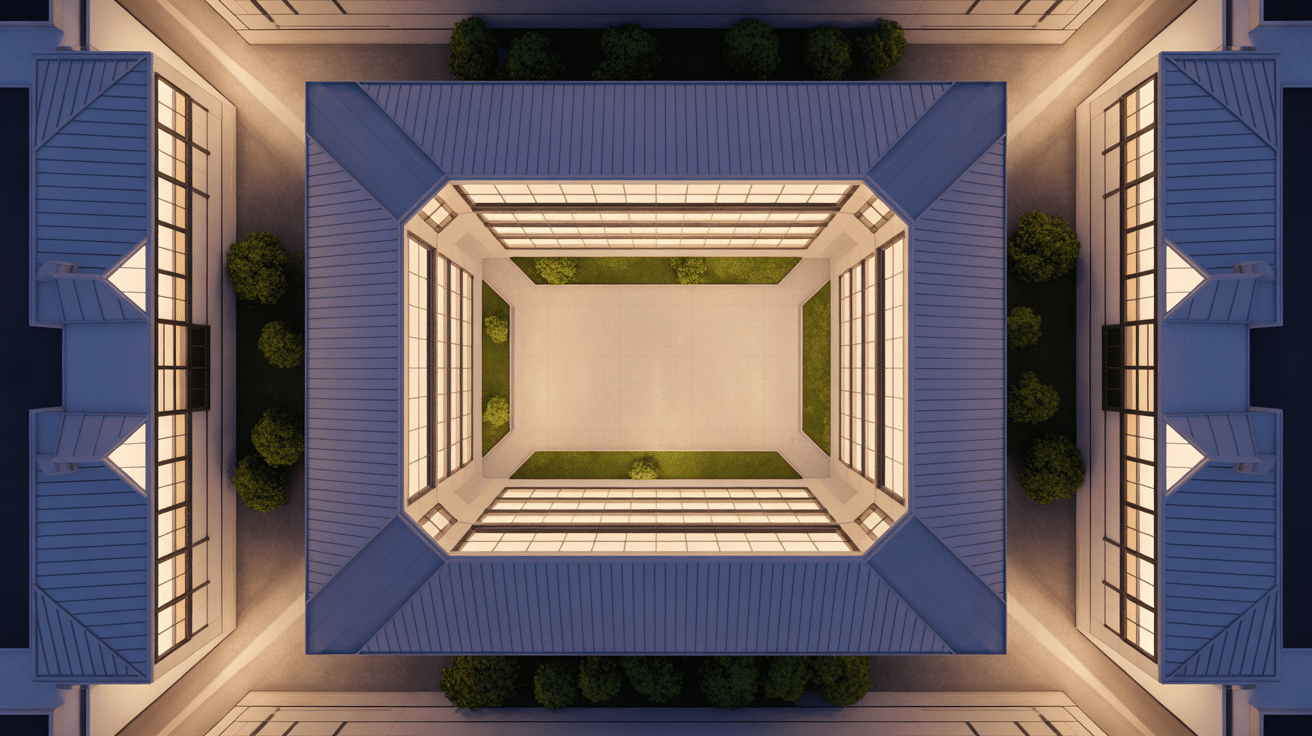 Plan architectural du monument en U avec cour centrale et flux de lumière