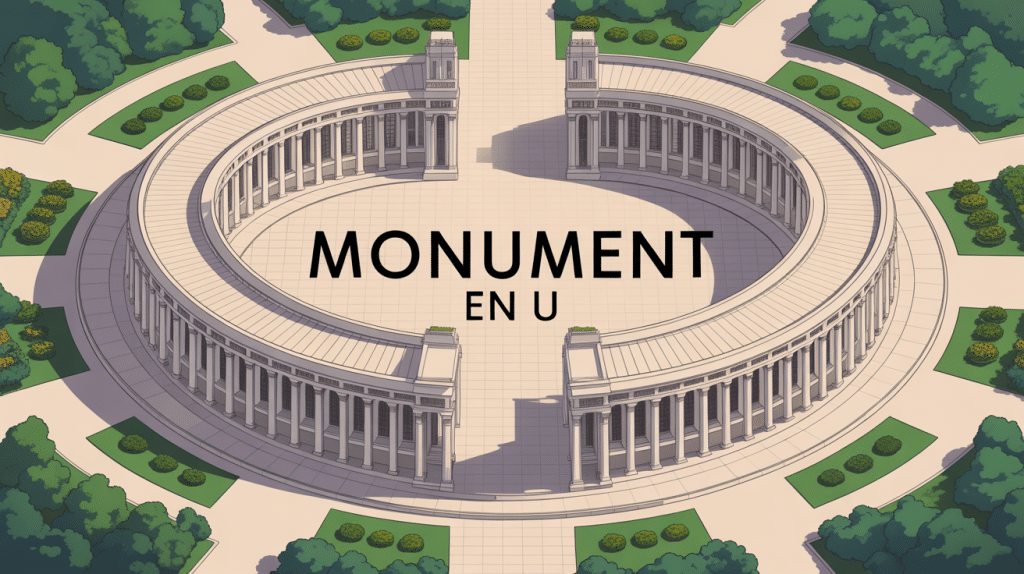 Vue aérienne du monument en U avec cour centrale et ailes symétriques