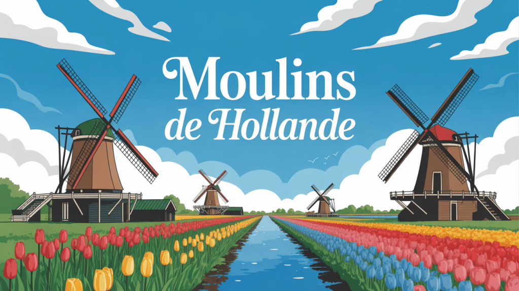 Moulin Hollande dans paysage avec tulipes et canaux