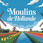 Moulin Hollande dans paysage avec tulipes et canaux