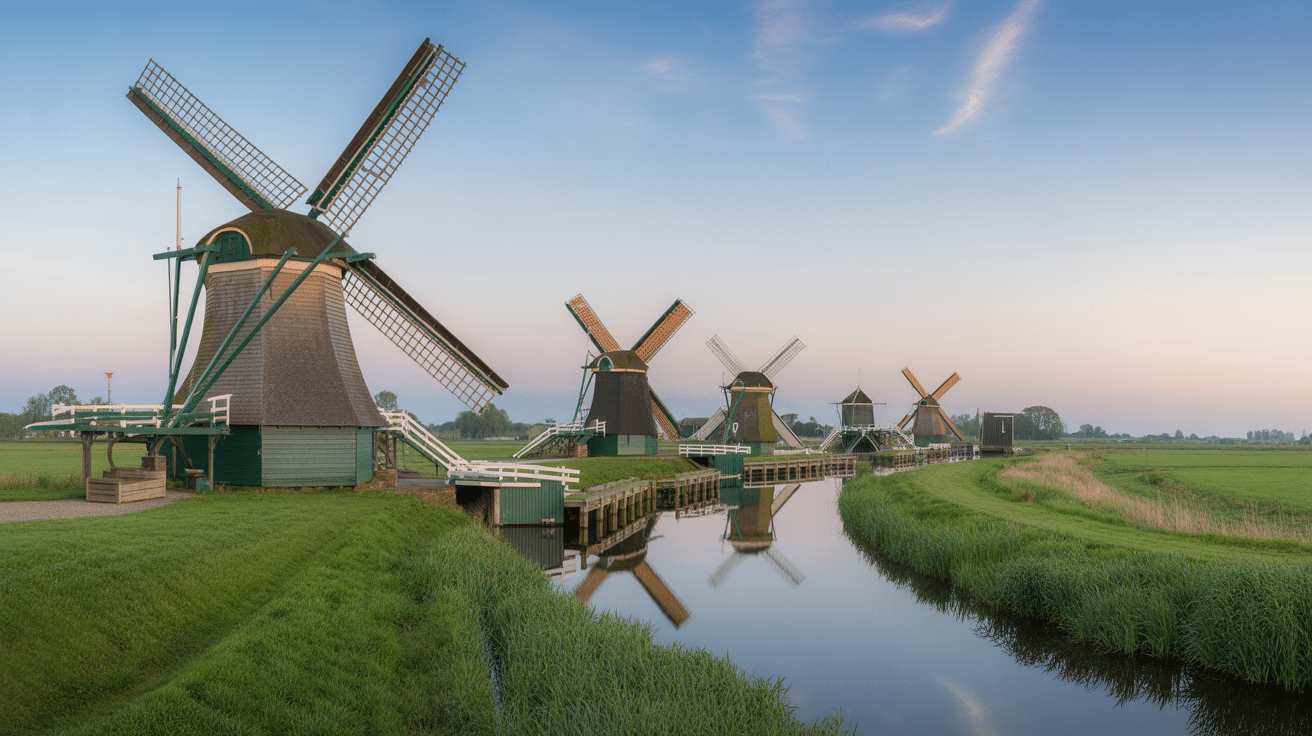 moulins pays bas alignés canal panorama