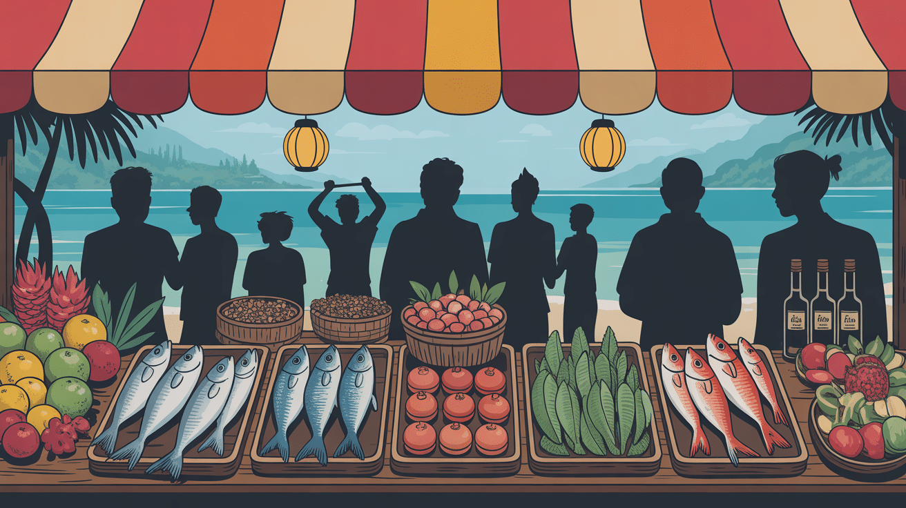 Marche sud japon poissons nouilles fruits tropicaux