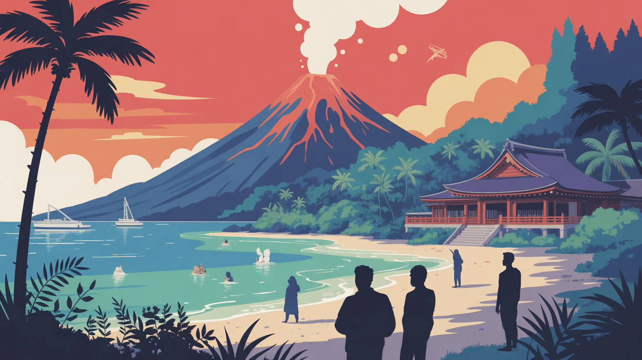 Paysage sud japon volcan plage temple subtropical