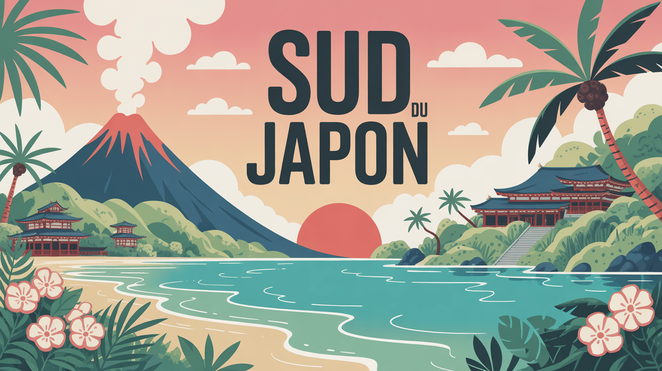 Illustration sud japon volcan plage cerisiers temples