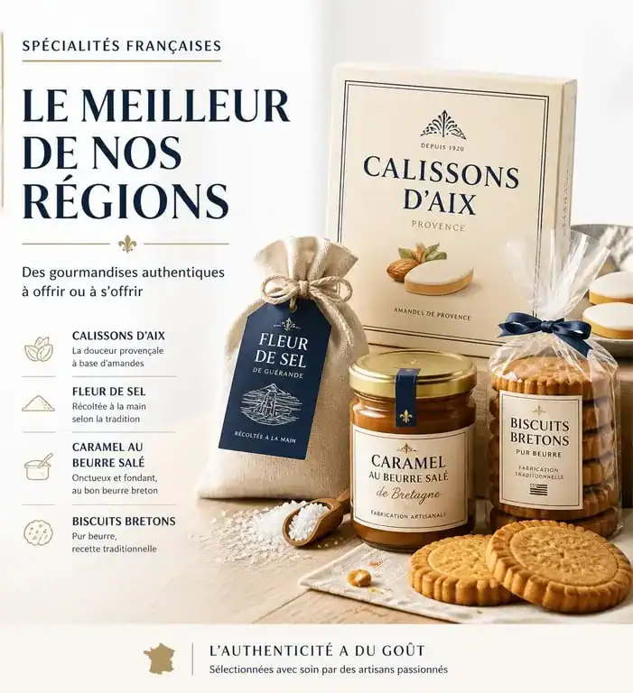 Coffret cadeau de spécialités françaises à offrir : calissons, fleur de sel et biscuits