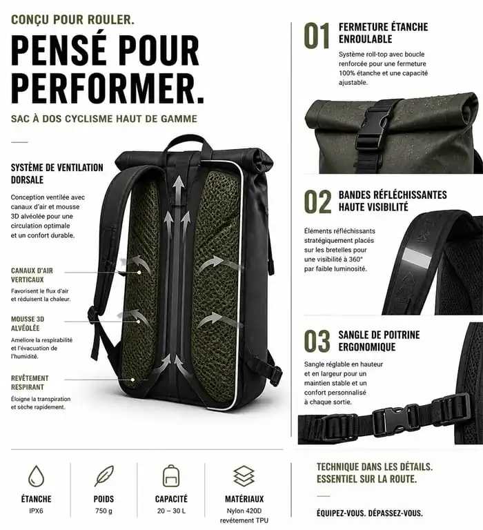 Infographie des caractéristiques techniques d'un sac à dos vélo pour le vélotaf et le VTT