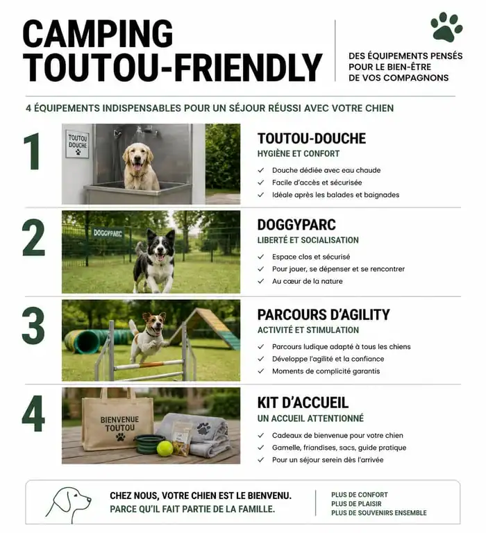 Infographie des équipements indispensables pour un camping avec emplacement clôturé pour chien