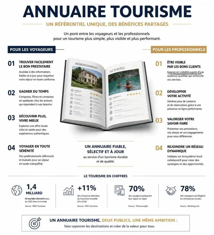 Infographie des bénéfices d'un annuaire tourisme pour voyageurs et professionnels