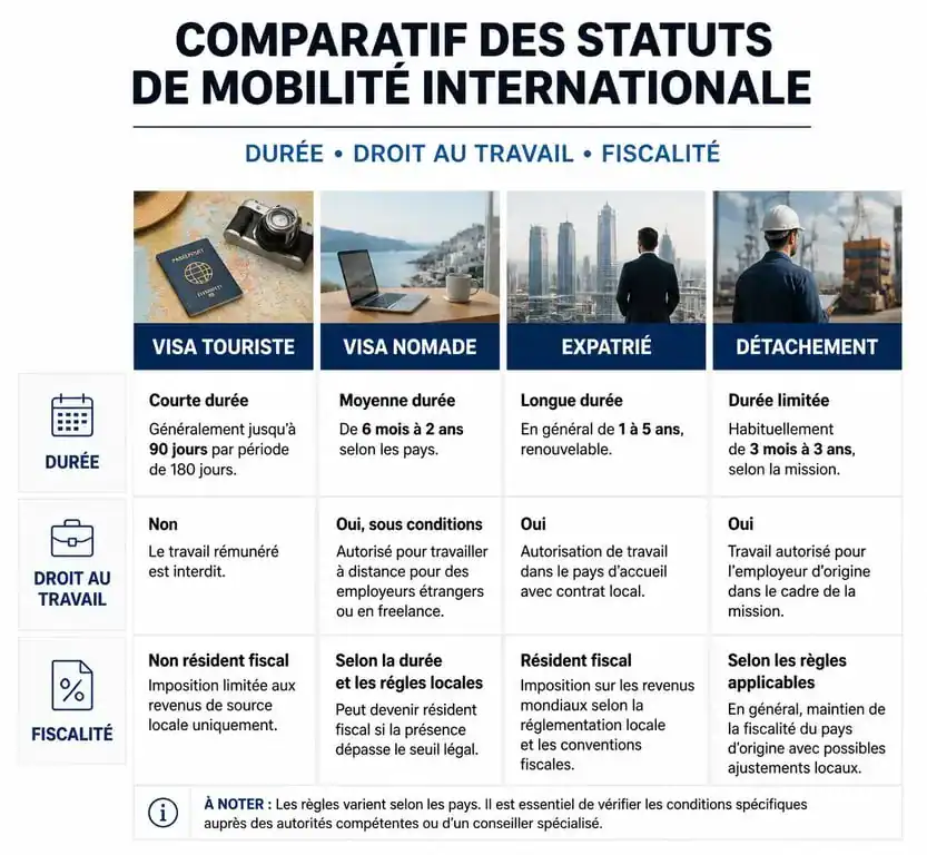 Tableau comparatif des statuts pour le travail nomade et l'expatriation