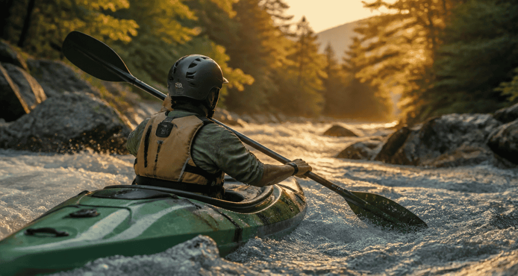 Kayak riviere sportif sur eau vive au coucher du soleil