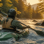 Kayak riviere sportif sur eau vive au coucher du soleil