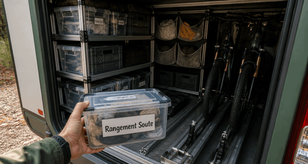 rangement soute pour camping car avec étagères et vélos
