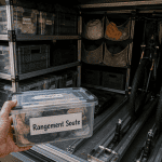 rangement soute pour camping car avec étagères et vélos