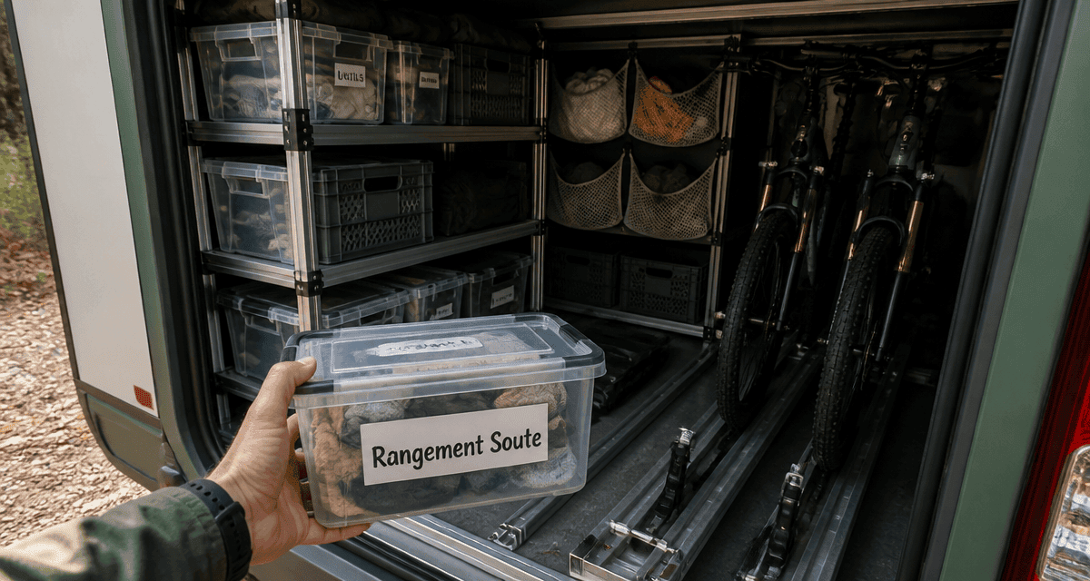 rangement soute pour camping car avec étagères et vélos