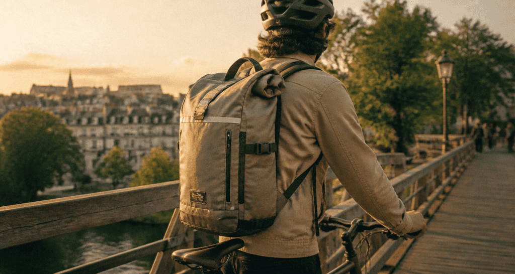 Cycliste avec sac dos vélo sur pont au coucher du soleil