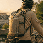 Cycliste avec sac dos vélo sur pont au coucher du soleil