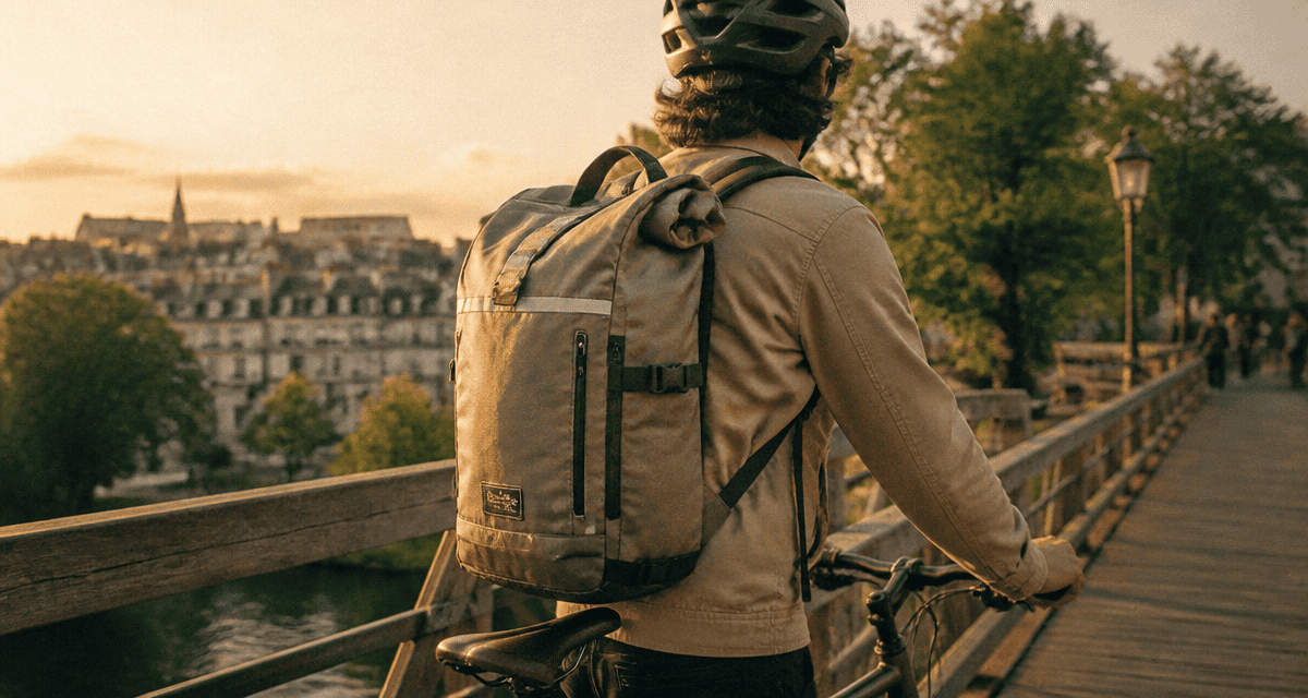 Cycliste avec sac dos vélo sur pont au coucher du soleil