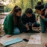 Rallye photo entre amis dehors : carte papier et smartphone sur tapis