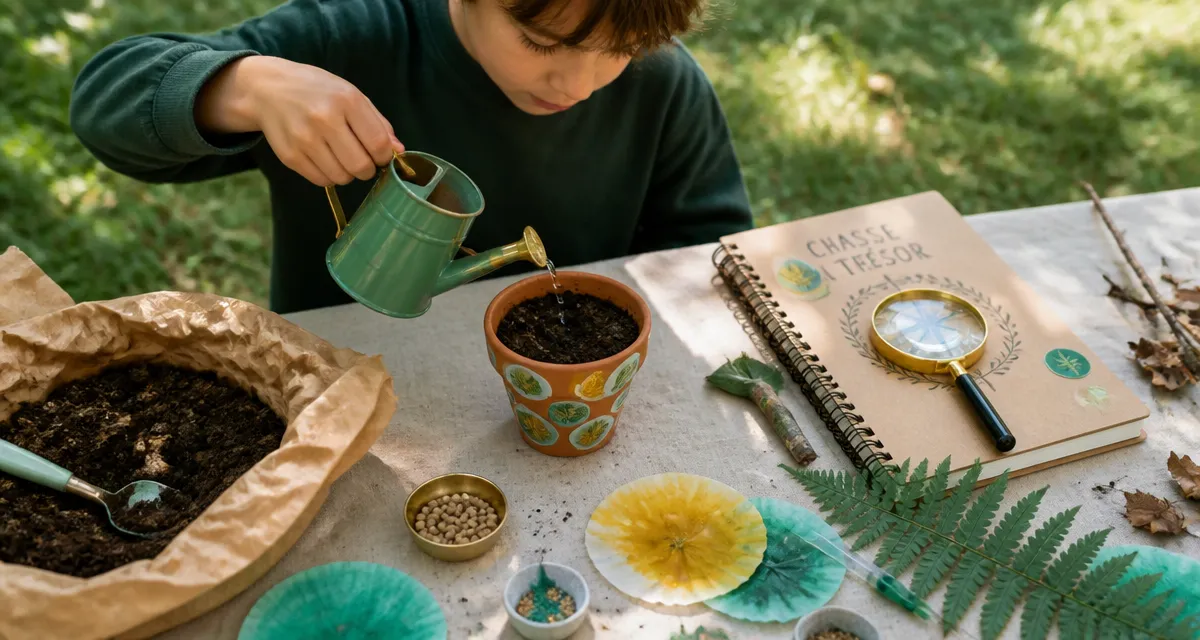 Activité printemps : enfant arrose un pot pour la motricité fine
