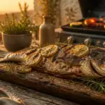 bar au bbq grillé avec herbes et citron