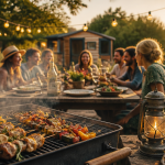 Barbecue entre amis autour d'une table au jardin